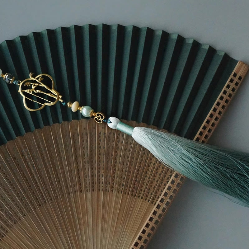 Buddha Stones Dark Green Tassel Hollow Rib Silk Handheld Bamboo Folding Fan - image 13