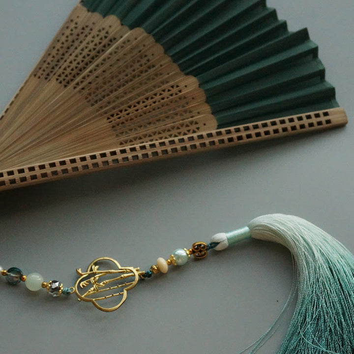 Buddha Stones Dark Green Tassel Hollow Rib Silk Handheld Bamboo Folding Fan - image 8