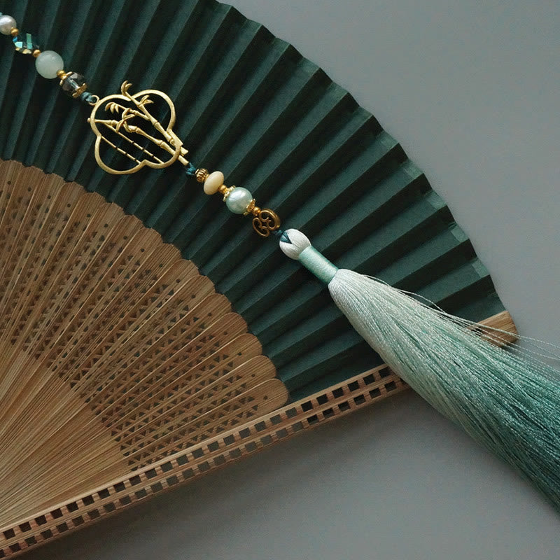 Buddha Stones Dark Green Tassel Hollow Rib Silk Handheld Bamboo Folding Fan - image 19