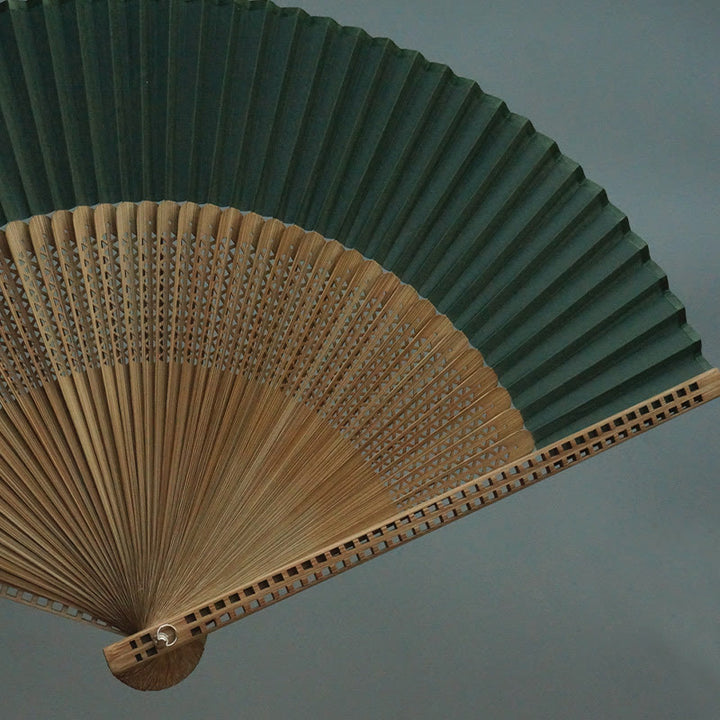 Buddha Stones Dark Green Tassel Hollow Rib Silk Handheld Bamboo Folding Fan - image 17