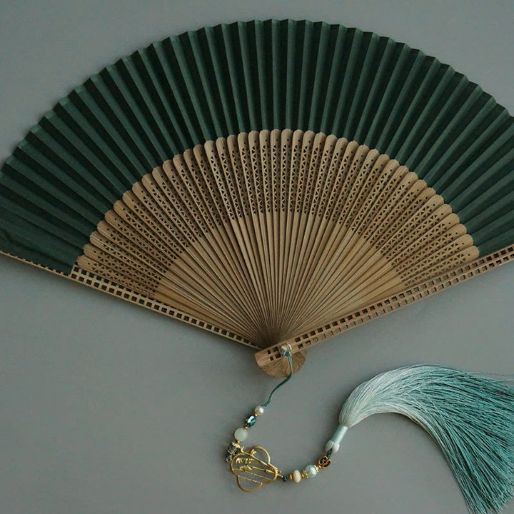 Buddha Stones Dark Green Tassel Hollow Rib Silk Handheld Bamboo Folding Fan - image 2