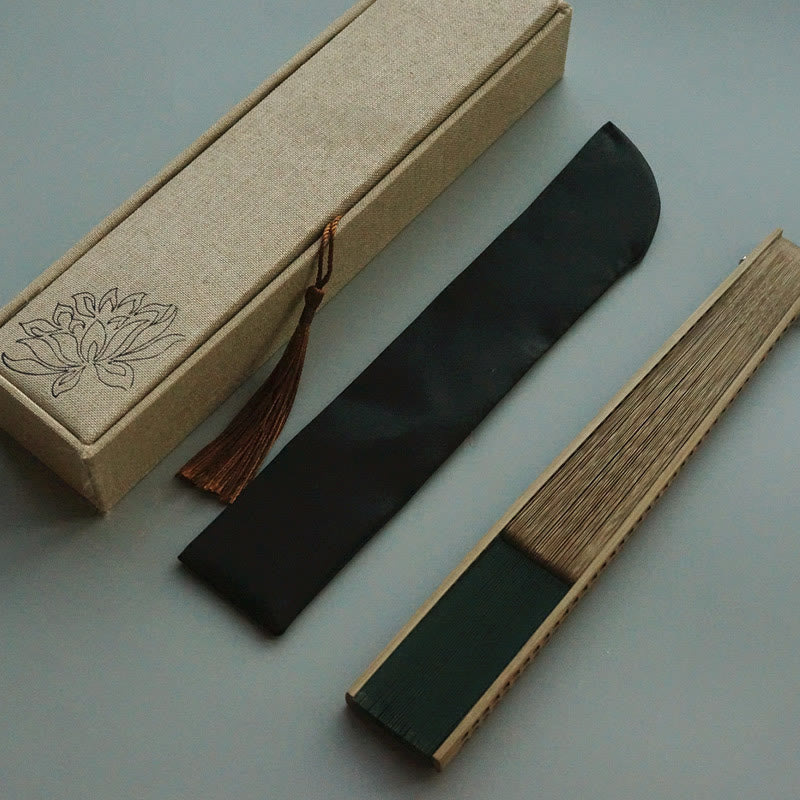 Buddha Stones Dark Green Tassel Hollow Rib Silk Handheld Bamboo Folding Fan - Dark Green 22cm-With Brocade Box & Fan Cover (Pre-Sale) - image 1