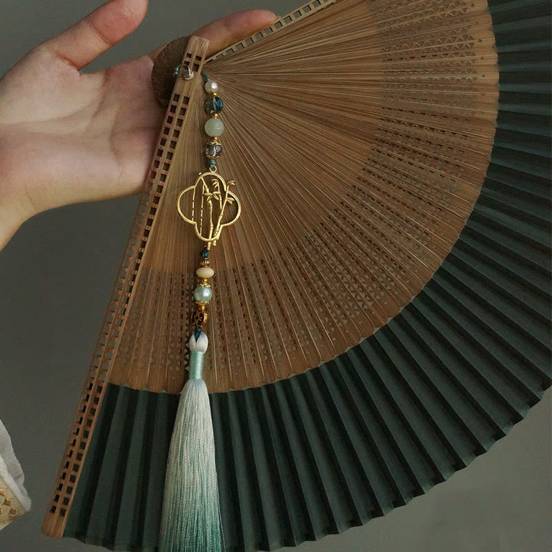 Buddha Stones Dark Green Tassel Hollow Rib Silk Handheld Bamboo Folding Fan - image 5