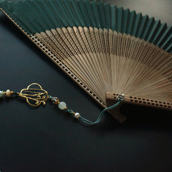 Buddha Stones Dark Green Tassel Hollow Rib Silk Handheld Bamboo Folding Fan - image 22