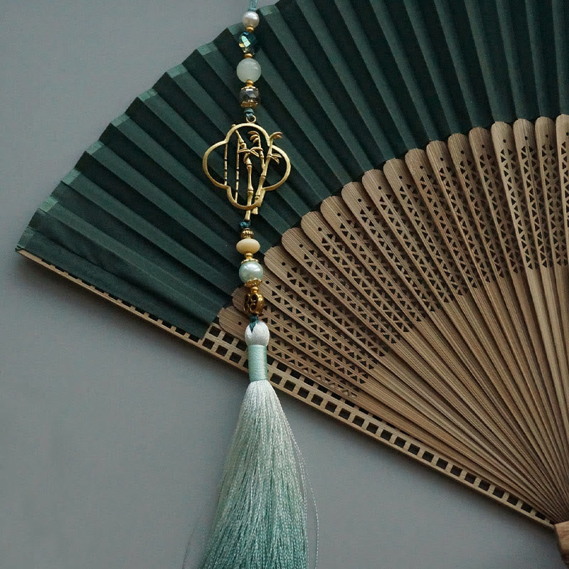 Buddha Stones Dark Green Tassel Hollow Rib Silk Handheld Bamboo Folding Fan - image 20