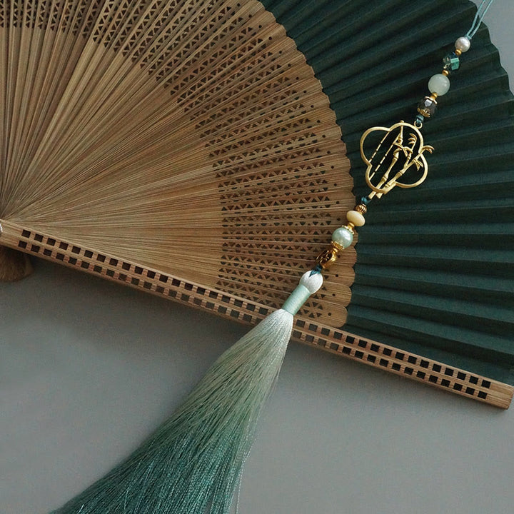 Buddha Stones Dark Green Tassel Hollow Rib Silk Handheld Bamboo Folding Fan - image 21