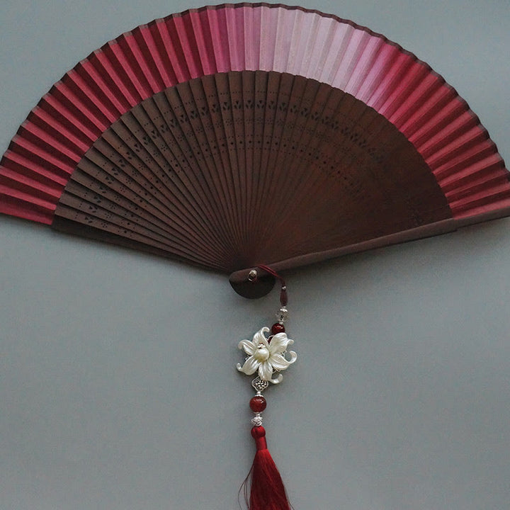 Buddha Stones Red Lily Tassel Hollow Rib Silk Handheld Bamboo Folding Fan - image 1