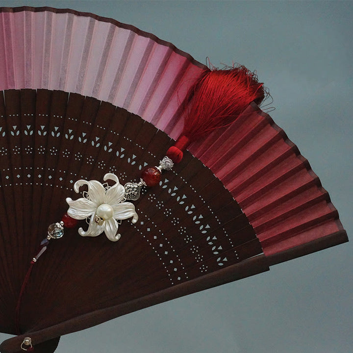Buddha Stones Red Lily Tassel Hollow Rib Silk Handheld Bamboo Folding Fan - image 11