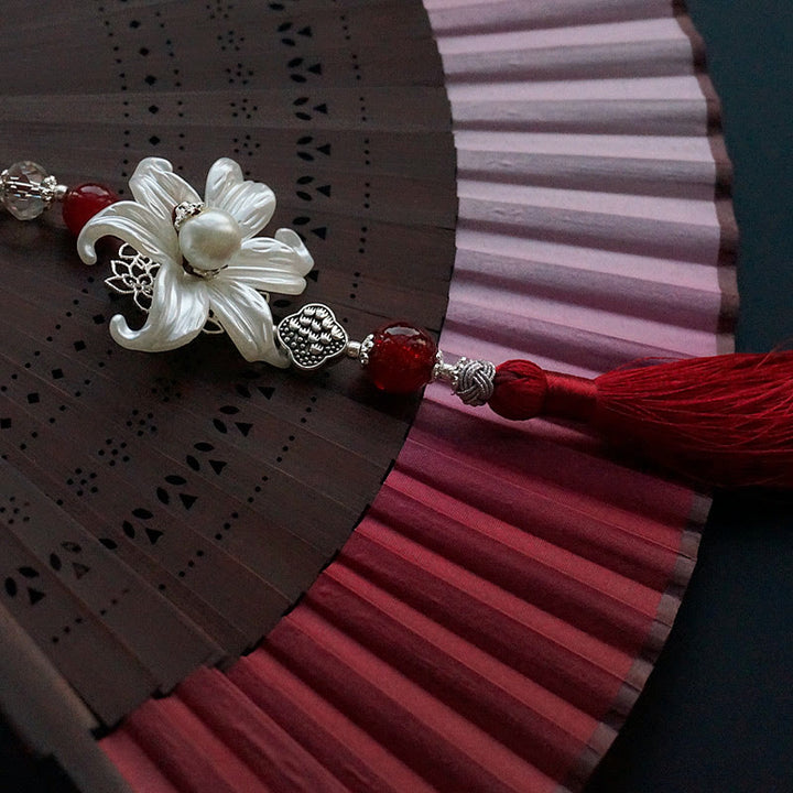 Buddha Stones Red Lily Tassel Hollow Rib Silk Handheld Bamboo Folding Fan - image 10