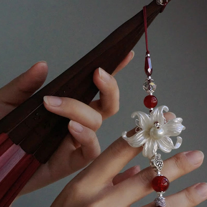 Buddha Stones Red Lily Tassel Hollow Rib Silk Handheld Bamboo Folding Fan - image 13