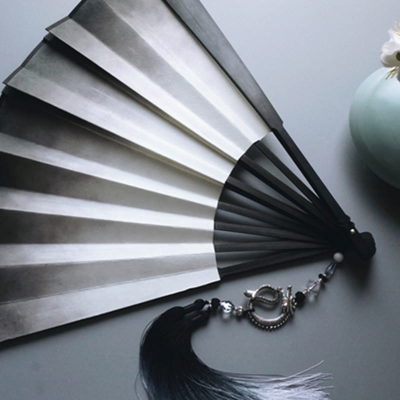 Buddha Stones Black White Ink Gradient Rice Paper Handheld Bamboo Folding Fan - image 7