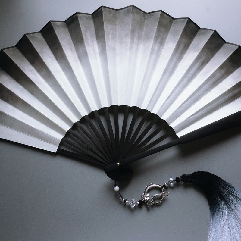 Buddha Stones Black White Ink Gradient Rice Paper Handheld Bamboo Folding Fan - image 6