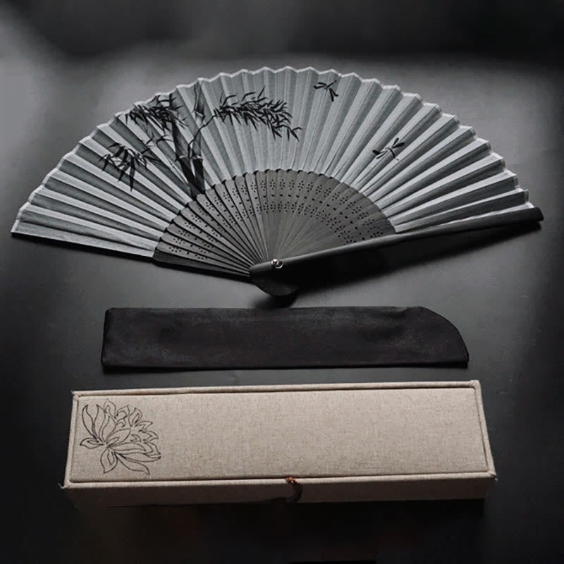 Buddha Stones Ink Bamboo Polyester Handheld Bamboo Folding Fan - Ink Bamboo 21cm-With Brocade Box&Fan Cover(Pre-Sale) - image 4