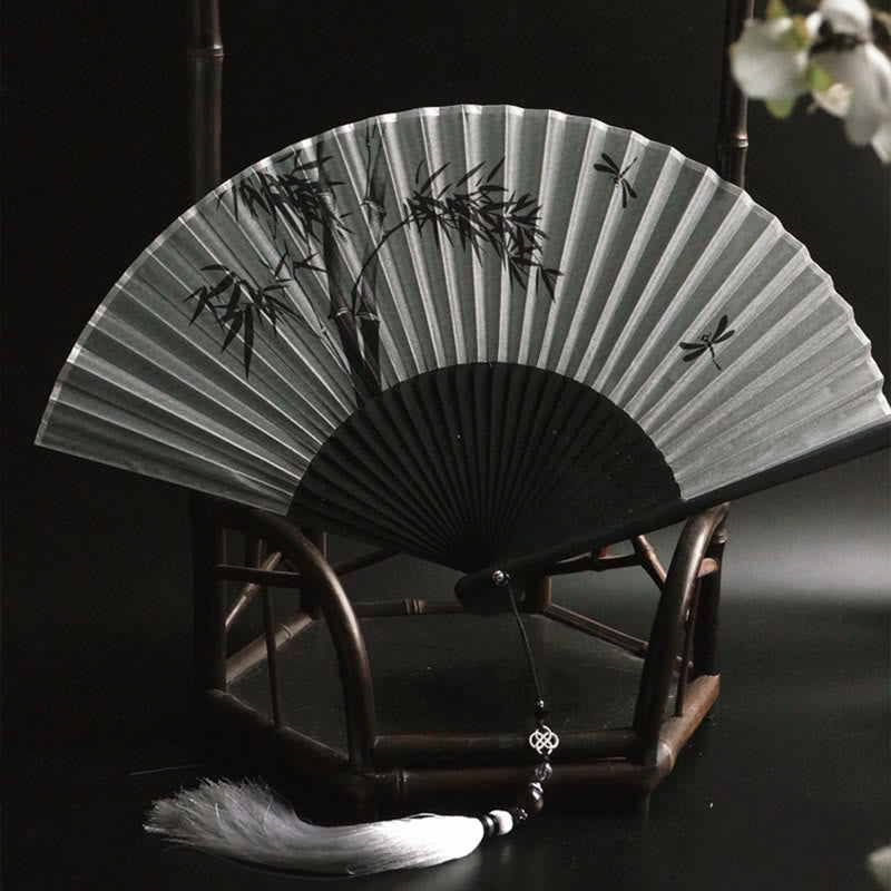Buddha Stones Ink Bamboo Polyester Handheld Bamboo Folding Fan - image 2