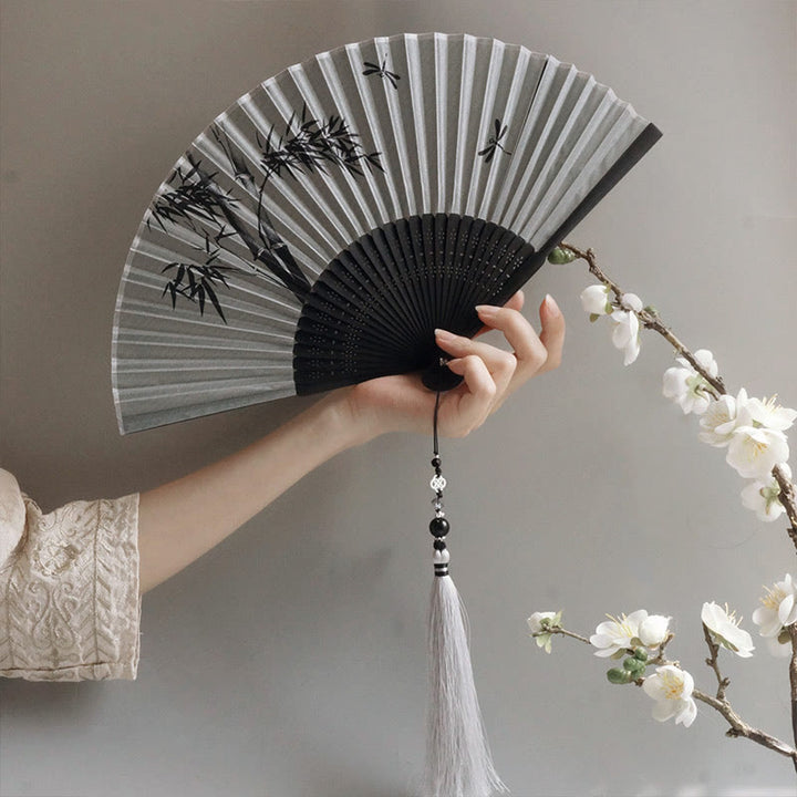 Buddha Stones Ink Bamboo Polyester Handheld Bamboo Folding Fan - image 0