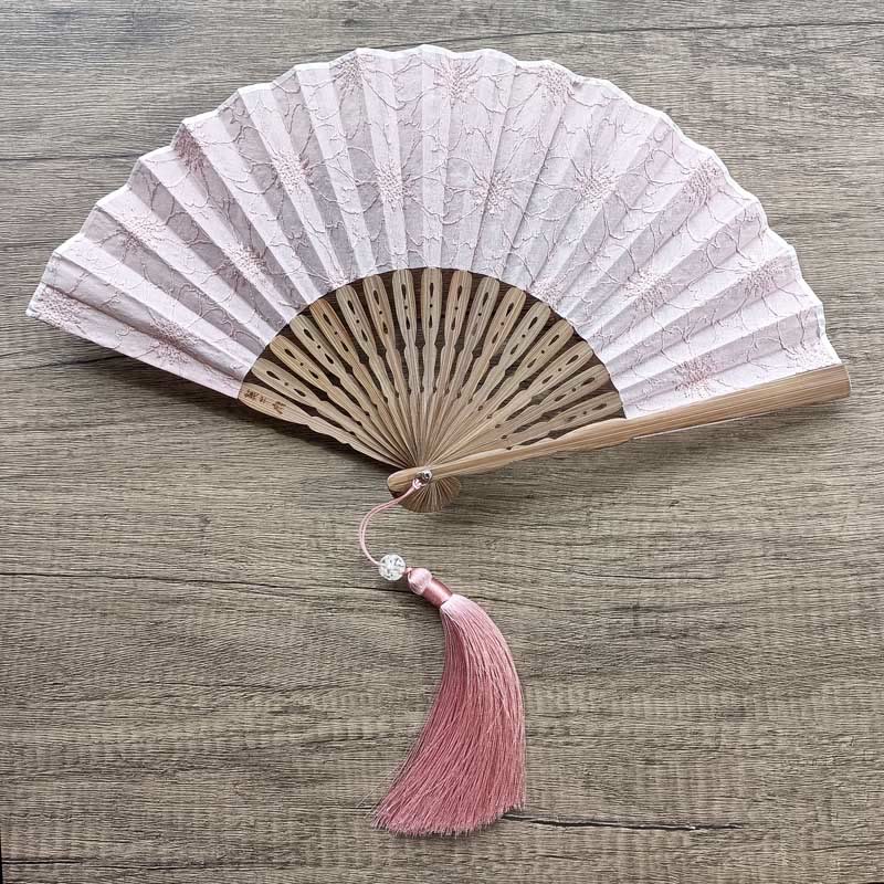 Buddha Stones Solid Color Hollow Flowers Embroidery Cotton Fabric Handheld Bamboo Folding Fan