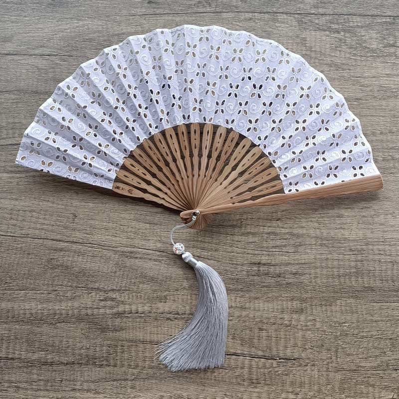 Buddha Stones Solid Color Hollow Flowers Embroidery Cotton Fabric Handheld Bamboo Folding Fan