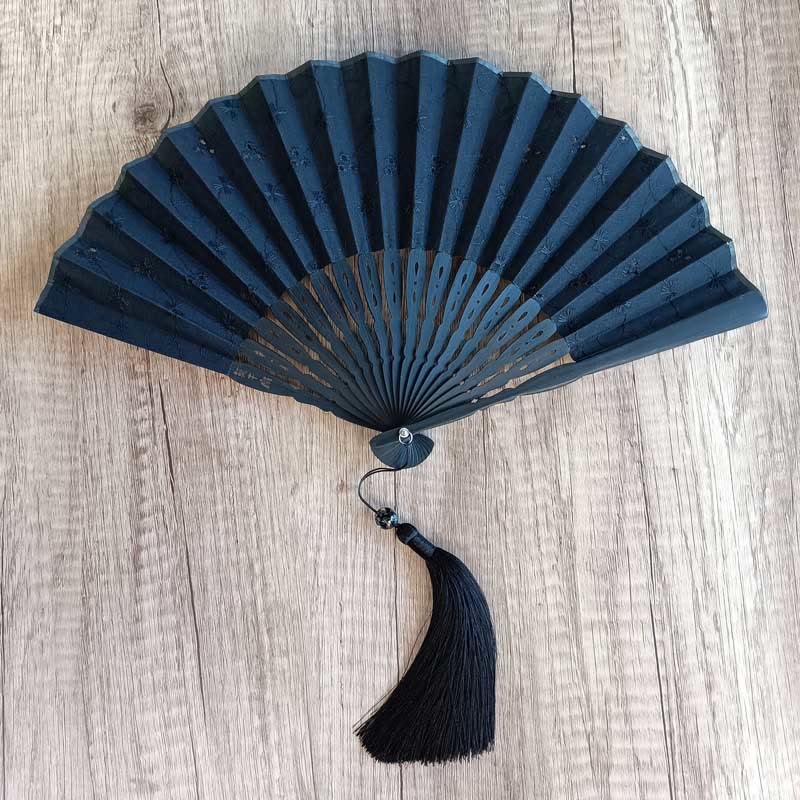 Buddha Stones Solid Color Hollow Flowers Embroidery Cotton Fabric Handheld Bamboo Folding Fan