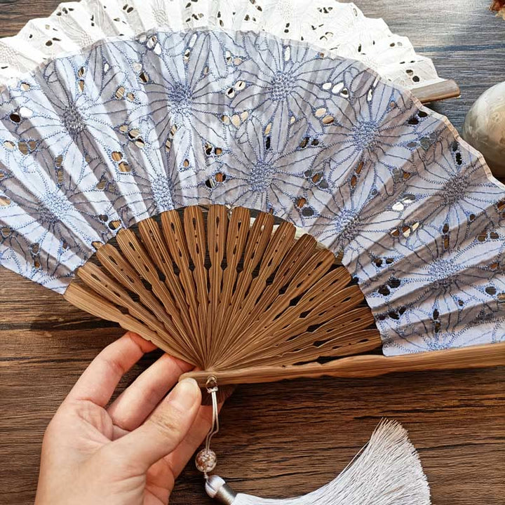 Buddha Stones Solid Color Hollow Flowers Embroidery Cotton Fabric Handheld Bamboo Folding Fan