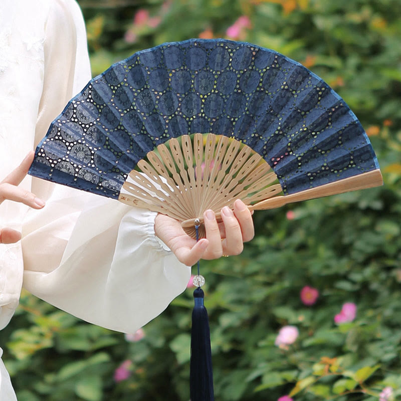 Buddha Stones Solid Color Hollow Flowers Embroidery Cotton Fabric Handheld Bamboo Folding Fan