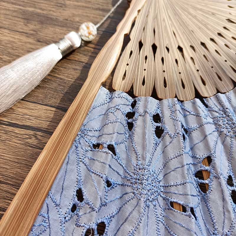 Buddha Stones Solid Color Hollow Flowers Embroidery Cotton Fabric Handheld Bamboo Folding Fan