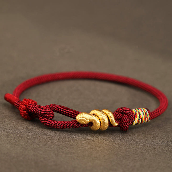 Buddha Stones 999 Gold Year of the Snake Design Handmade Luck Protection Rope Braided Bracelet - Dark Red - 17-19cm - Gold 0.48g - image 0