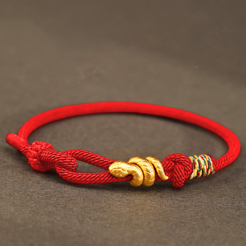 Buddha Stones 999 Gold Year of the Snake Design Handmade Luck Protection Rope Braided Bracelet