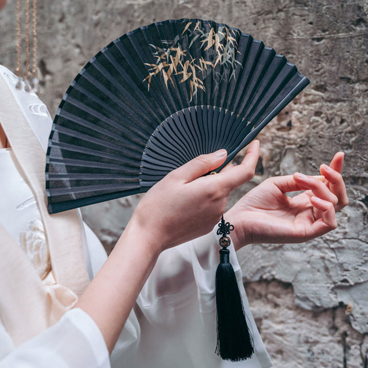 Buddha Stones Black Bamboo Leaf Print Silk Handheld Bamboo Folding Fan