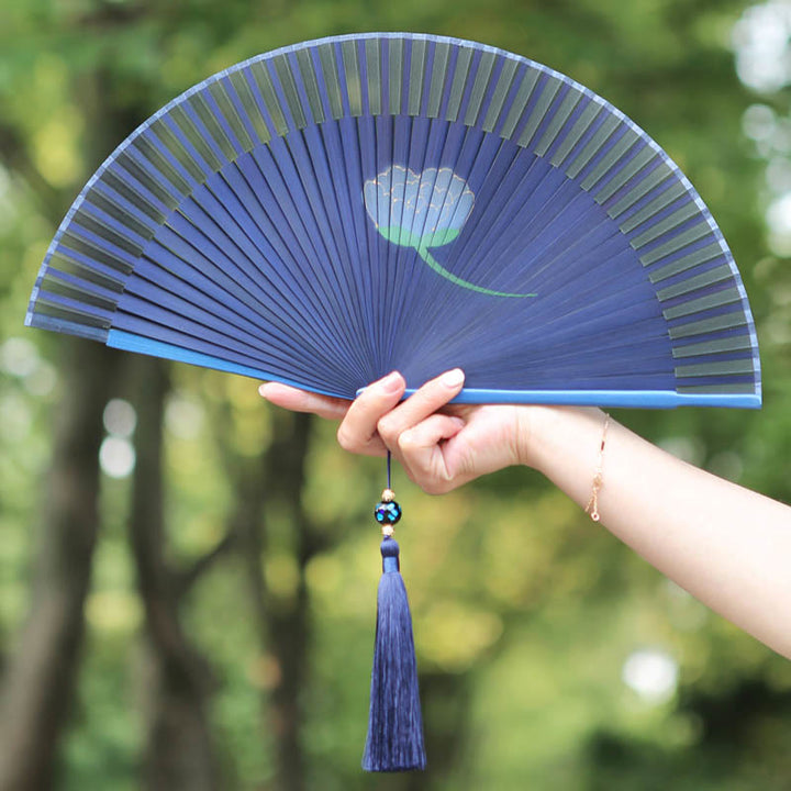 Buddha Stones Peony Flowers Silk Handheld Bamboo Folding Fan