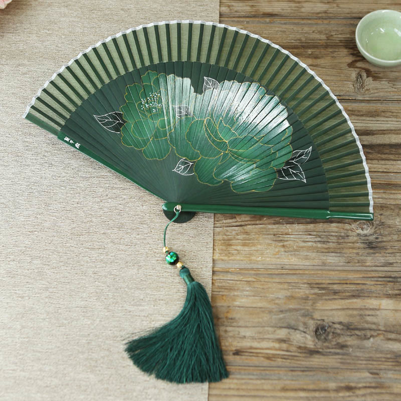 Buddha Stones Peony Flowers Silk Handheld Bamboo Folding Fan