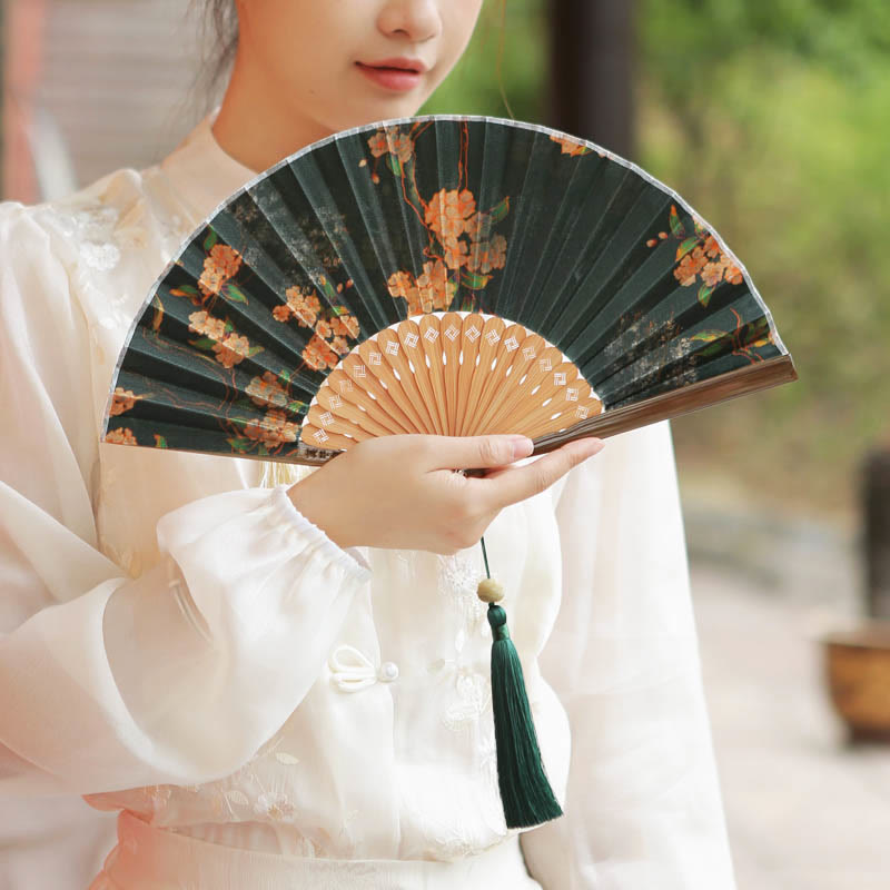 Buddha Stones Flower Persimmon Bamboo Leaves Xiangyunsha Silk Handheld Bamboo Folding Fan - image 1