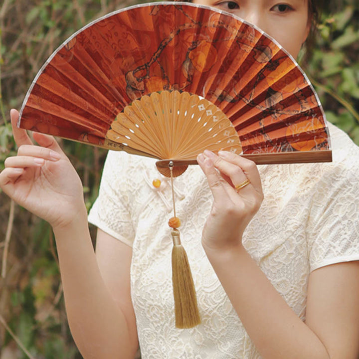 Buddha Stones Flower Persimmon Bamboo Leaves Xiangyunsha Silk Handheld Bamboo Folding Fan