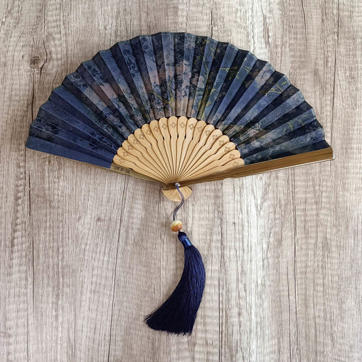 Buddha Stones Flower Persimmon Bamboo Leaves Xiangyunsha Silk Handheld Bamboo Folding Fan