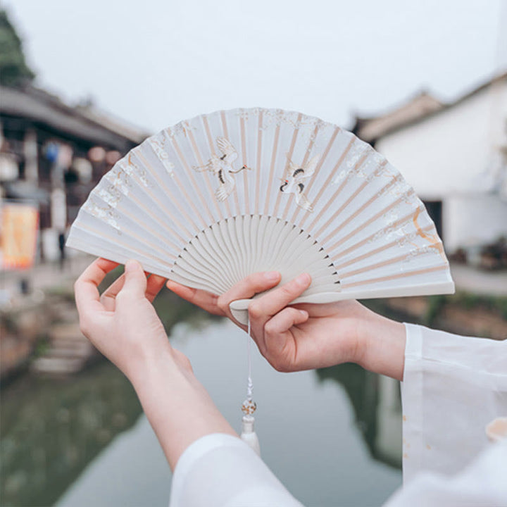 Buddha Stones Crane Plum Blossom Handheld Silk Bamboo Folding Fan