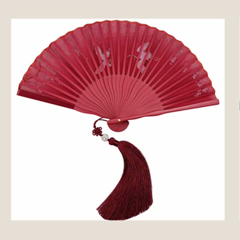 Buddha Stones Crane Plum Blossom Handheld Silk Bamboo Folding Fan