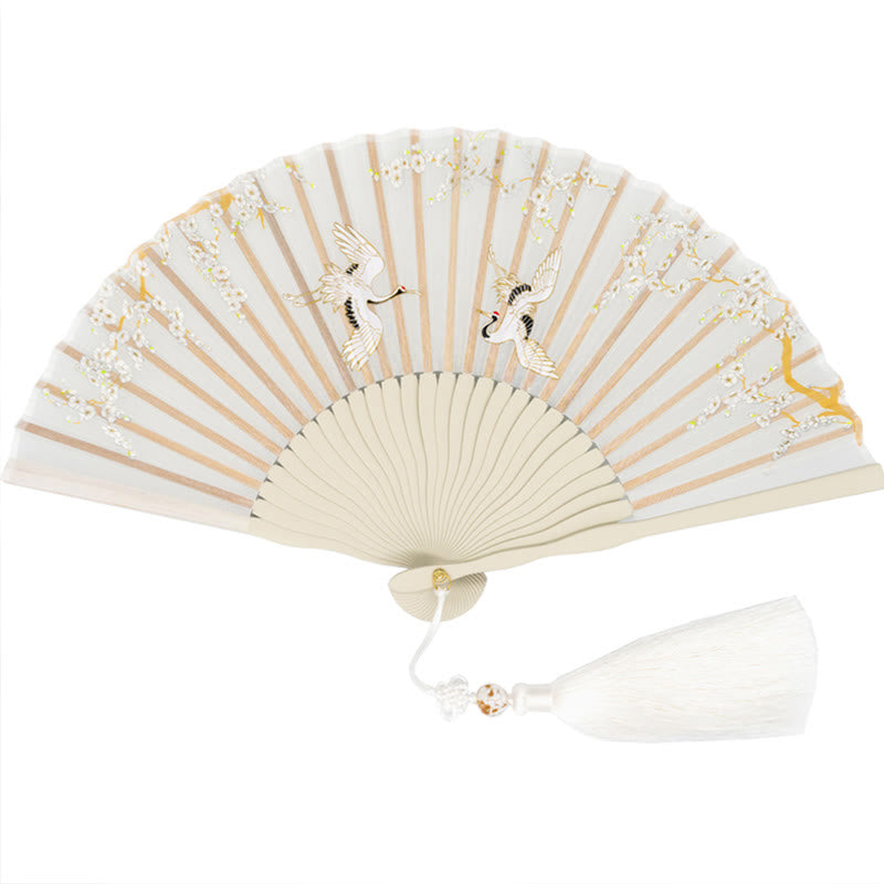 Buddha Stones Crane Plum Blossom Handheld Silk Bamboo Folding Fan