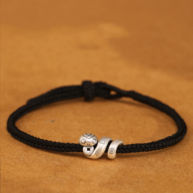 Buddha Stones 999 Sterling Silver Year of the Snake Handmade Copper Coin Protection Braided Bracelet - Black - 18-22cm - image 8