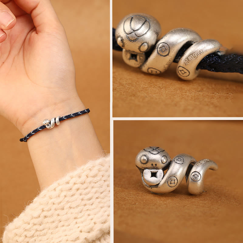 Buddha Stones 999 Sterling Silver Year of the Snake Handmade Copper Coin Protection Braided Bracelet