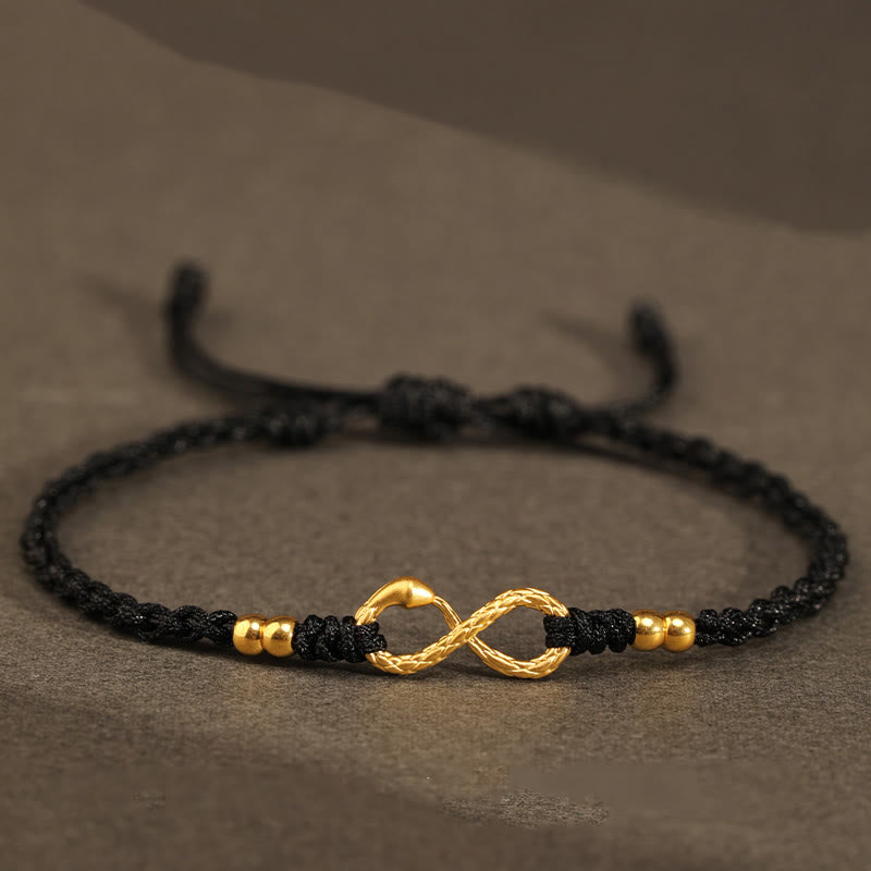 Buddha Stones 999 Gold Year of the Snake Eternal Endless Knot Infinity Handmade Luck Bracelet - 999 Gold Mini Four Bead Snake - Black(Wrist Circumference 14-18cm) - image 22