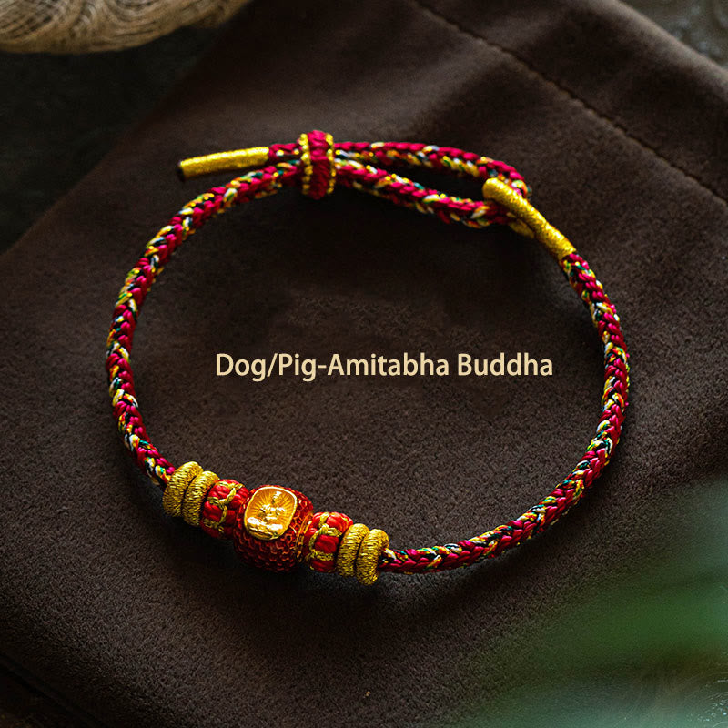 Buddha Stones 999 Gold Chinese Zodiac Natal Buddha Year of the Snake Luck Handcrafted Rope Bracelet