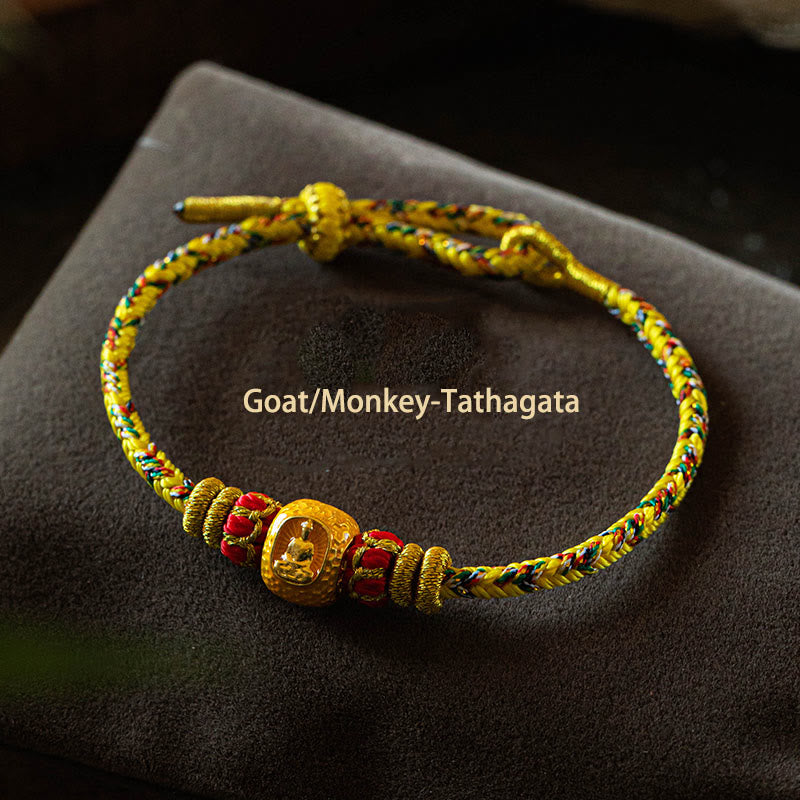 Buddha Stones 999 Gold Chinese Zodiac Natal Buddha Year of the Snake Luck Handcrafted Rope Bracelet