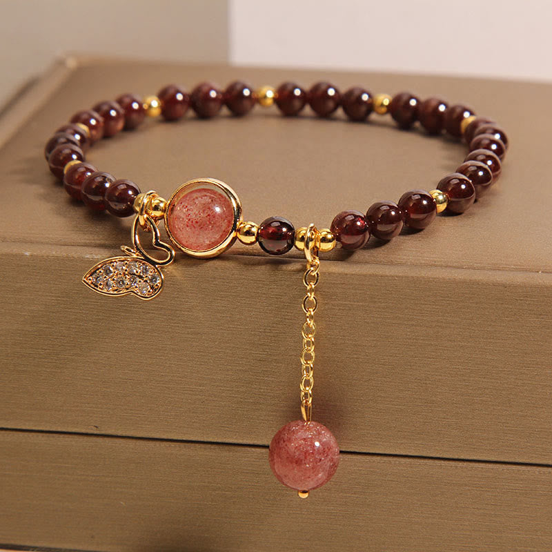 Buddha Stones Natural Garnet Strawberry Quartz Butterfly Protection Bracelet