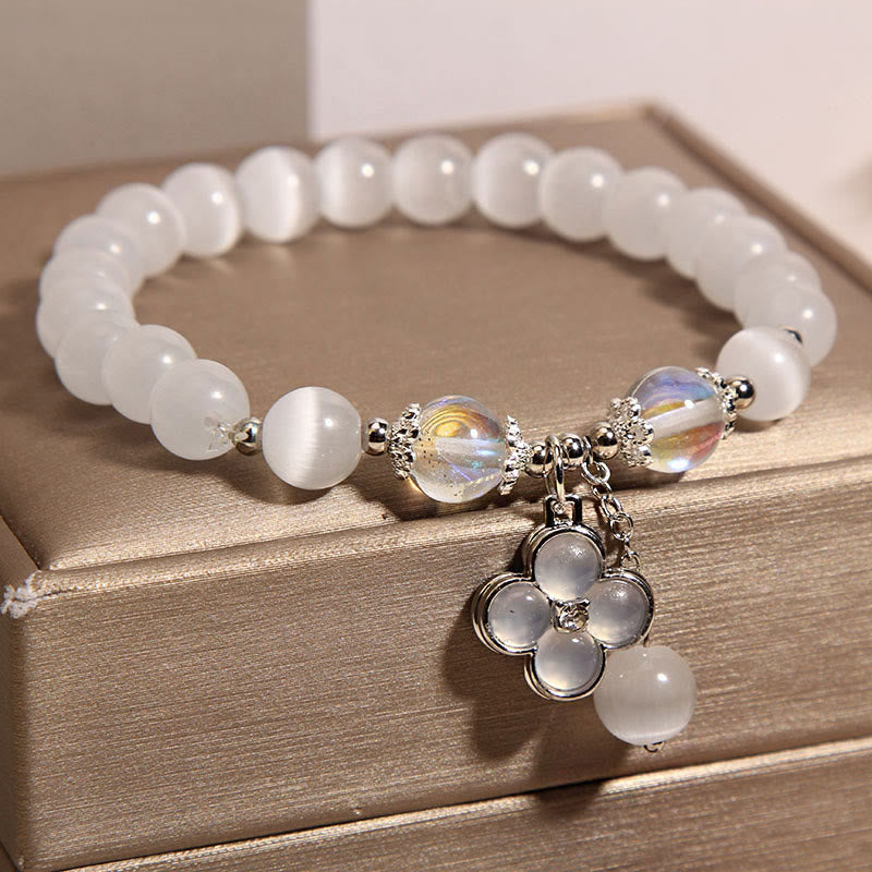 Buddha Stones Cat's Eye Crystal Lucky Four Leaf Clover Charm Love Bracelet