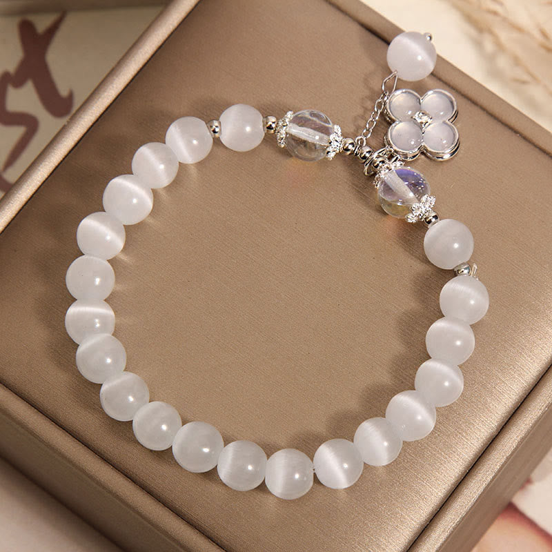 Buddha Stones Cat's Eye Crystal Lucky Four Leaf Clover Charm Love Bracelet