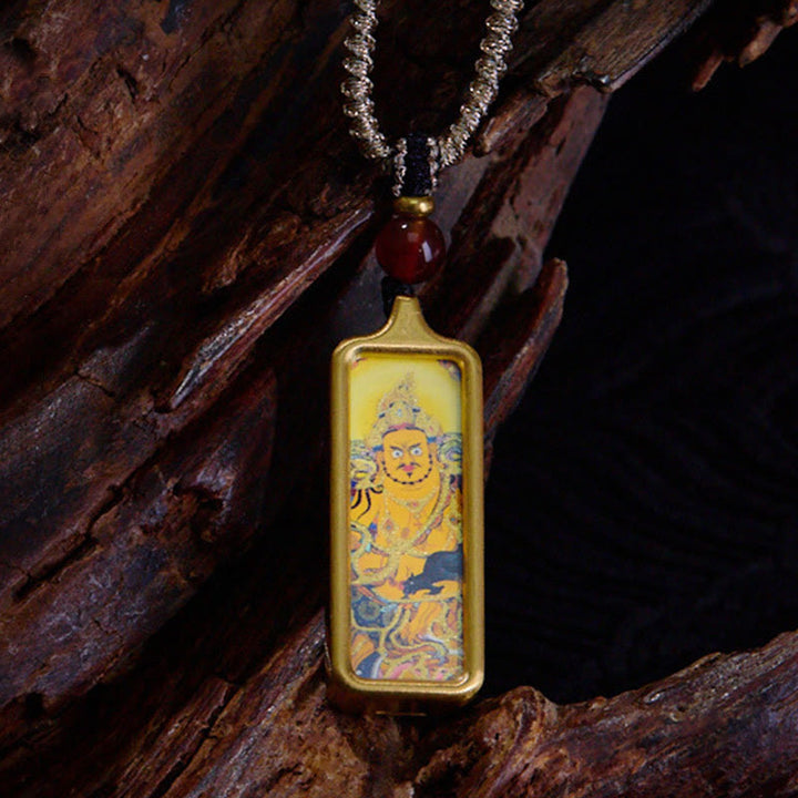 Buddha Stones Tibet Zakiram Yellow God of Wealth Nine-Tailed Fox Hand-Painted Thangka Calm Necklace Pendant