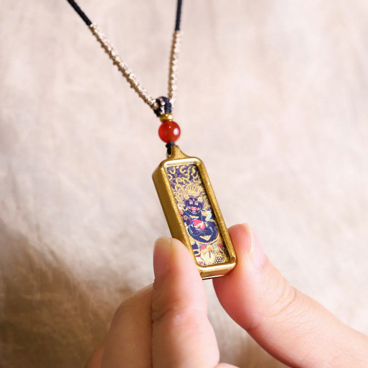 Buddha Stones Tibet Zakiram Yellow God of Wealth Nine Tailed Fox Hand-Painted Thangka Calm Necklace Pendant