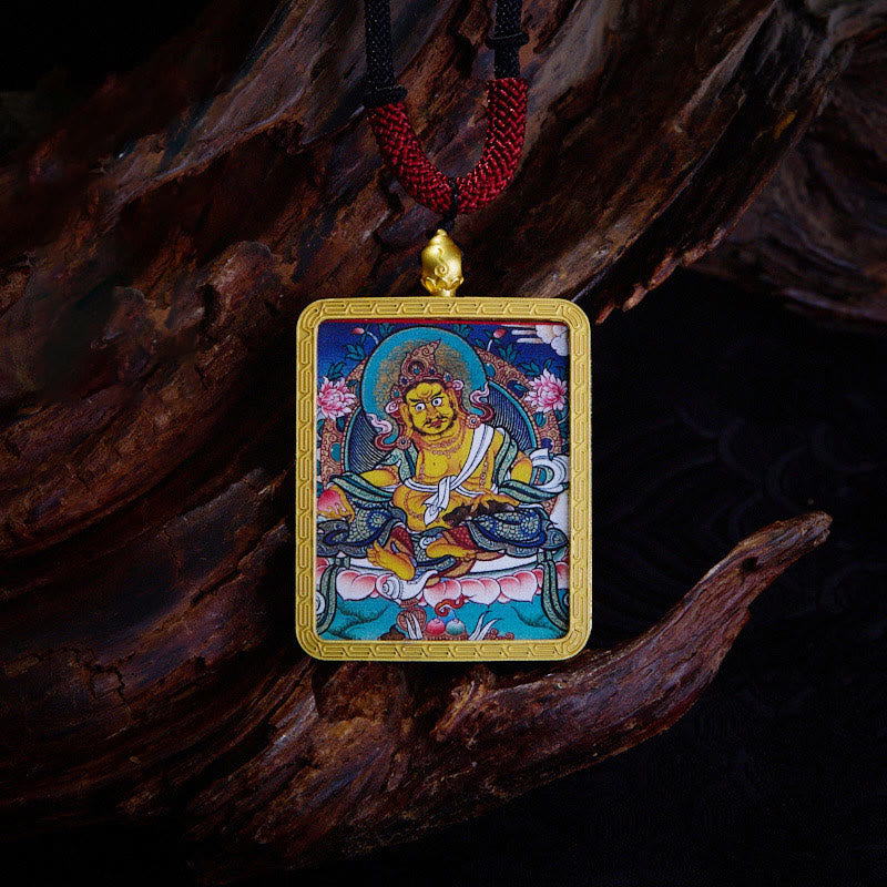 Buddha Stones Tibetan Zakiram Nine-Tailed Fox Yellow God of Wealth Painted Thangka Hope Necklace Pendant