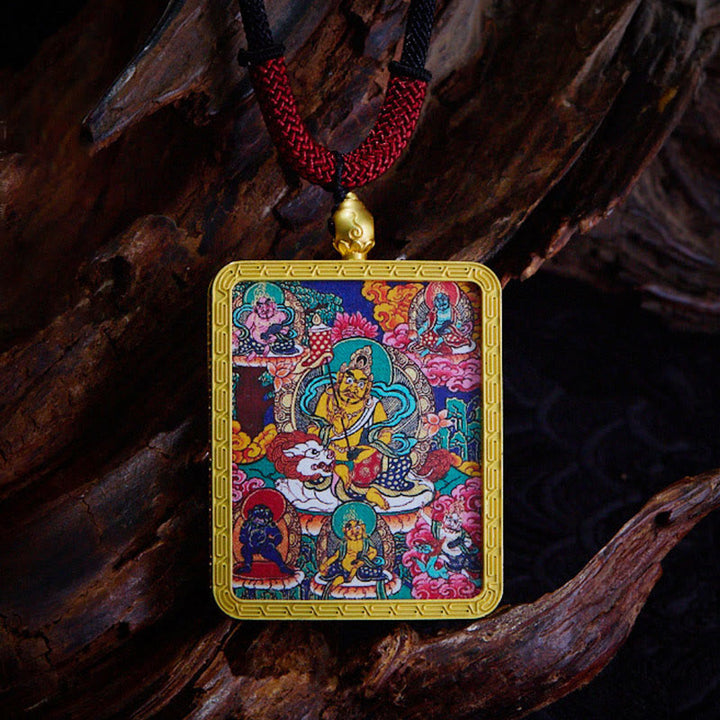 Buddha Stones Tibetan Zakiram Nine-Tailed Fox Yellow God of Wealth Painted Thangka Hope Necklace Pendant