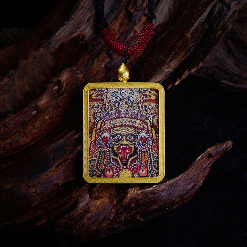 Buddha Stones Tibetan Zakiram Nine-Tailed Fox Yellow God of Wealth Painted Thangka Hope Necklace Pendant