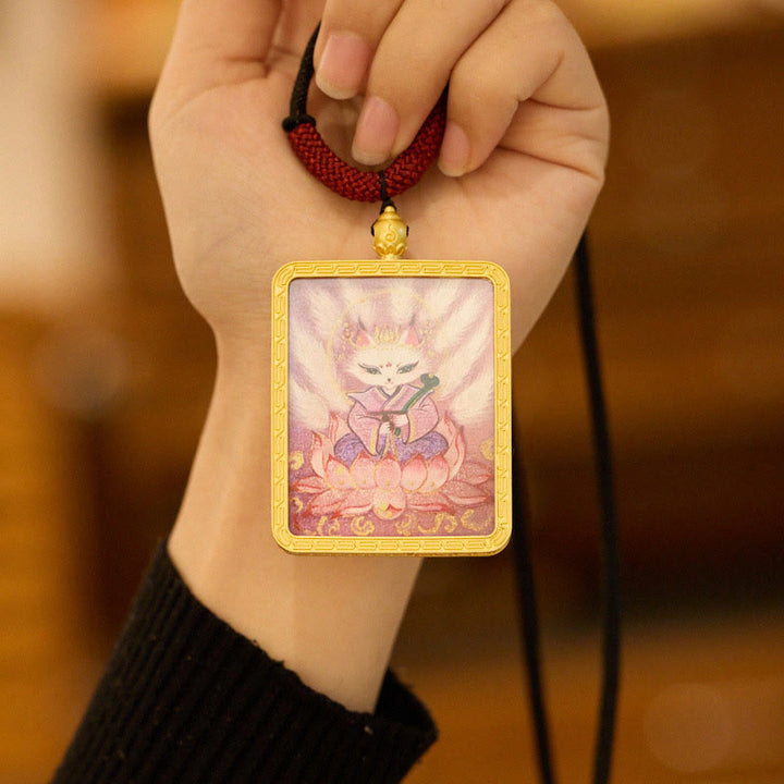 Buddha Stones Tibetan Zakiram Nine Tailed Fox Yellow God of Wealth Painted Thangka Hope Necklace Pendant - image 4
